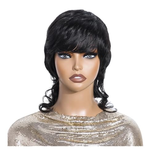 Vokuhila-Perücke aus maschinell gefertigtem Echthaar for Frauen, kleberlose Pixiecut-Perücken mit Pony, 180 Dichte Fügt Haarvolumen hinzu von YUHANXINHESHE