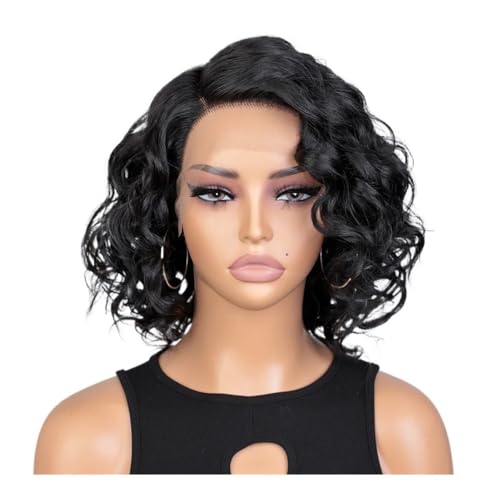 Wasserwellen-Bob-Perücken, 13 x 6 x 1, C-Teil, seitliche Spitzenfrontperücke for Frauen, brasilianisches Remy-Haar, klebefreies Echthaar Fügt Haarvolumen hinzu(Black) von YUHANXINHESHE