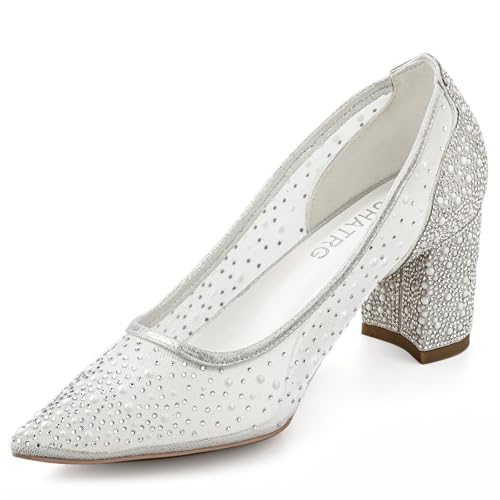 YUHATRG Damen Spitzer Zehenbereich Silber Strass Mesh Chunky Blockabsatz Hochzeit Brautschuhe, silber, 41 EU von YUHATRG