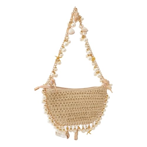YUHATRG Damen Stroh gewebte Clutch Geldbörse Sommer Strand Perle Conch Seestern Berufstasche (Muschelform), aprikose, Small von YUHATRG