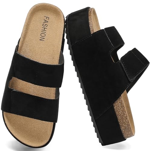 YUHITYGZGS Damen Plateau Slide Sandalen Kork-Fußbett mit Doppelschnallen Komfort Plateau Clogs Pantoletten Sommer Strand Sandalen rutschfeste & leichte Keilsandalen für Frauen 2025, Schwarz, 39.5 EU von YUHITYGZGS