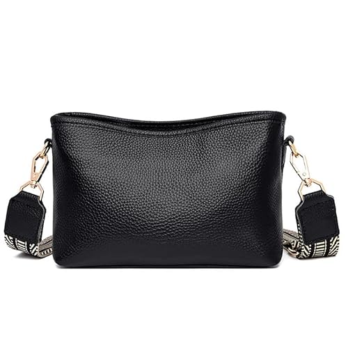 YUHONLNOR Crossbody Bag Damen Leder Breiter Gurt Umhängetasche Damenmode weiche Umhängetasche,Schwarz. von YUHONLNOR