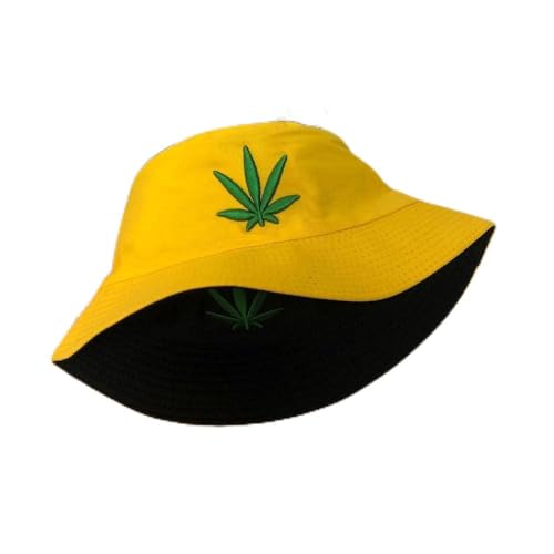 Unisex Sonnenhut Fischerhüte,Bucket Hat Cap Marihuana Weed Stickerei Blatt Cannabis Doppelseitiger Fischerhut Faltbarer Sommer Outdoor Sonnenhut Für Männer Frauen Jugendliche,Gelb,Schwarz,56,58Cm von YUHOOE