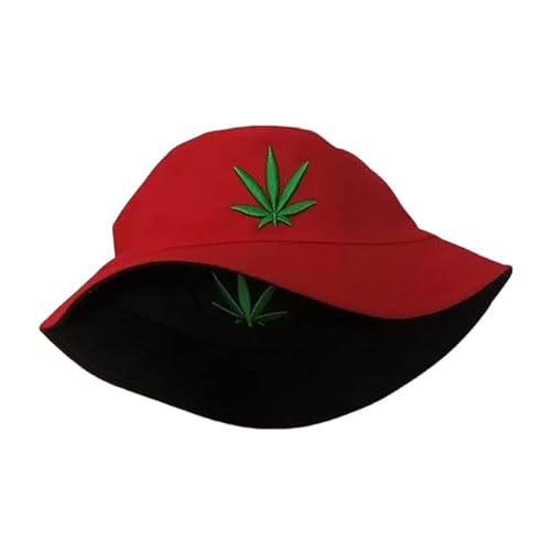 Unisex Sonnenhut Fischerhüte,Bucket Hat Cap Marihuana Weed Stickerei Blatt Cannabis Doppelseitiger Fischerhut Faltbarer Sommer Outdoor Sonnenhut Für Männer Frauen Jugendliche,Rot,Schwarz,56,58Cm von YUHOOE