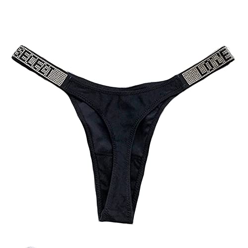 YUHOOE 1Pcs Sexy Frauen Tanga Höschen Kristall Strass Brief Unterwäsche Fitness Fitnessstudio Damen Strings Mode Low-Rise Hip Lift Tanga Mädchen Push Up Dessous, Schwarz, S. von YUHOOE