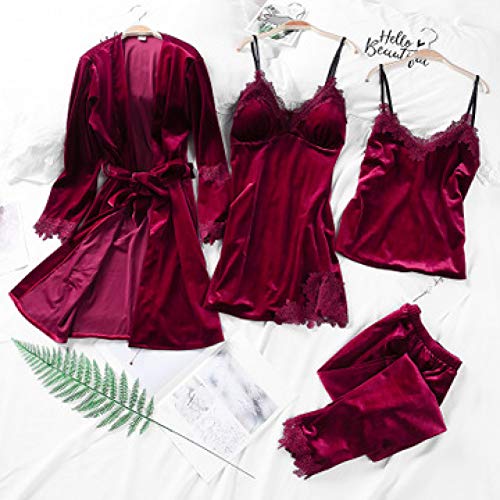 YUHOOE Damen Pyjama,4 Stück Samt Pyjama Sets Frauen Sexy Spitze Dessous Robe Pyjama Nachtwäsche Herbst Pyjama Nachtwäsche Elegante Homewear Anzüge von YUHOOE