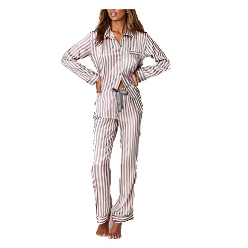 YUHOOE Satin Damen Schlafanzug Pyjamas, Langarm Nachtwäsche mit Knopfleiste Zweiteiliger Langarm Nachtwäsche Hausanzug Weich Sleepwear Lang Pyjama Set für Frauen,Grau,xs von YUHOOE