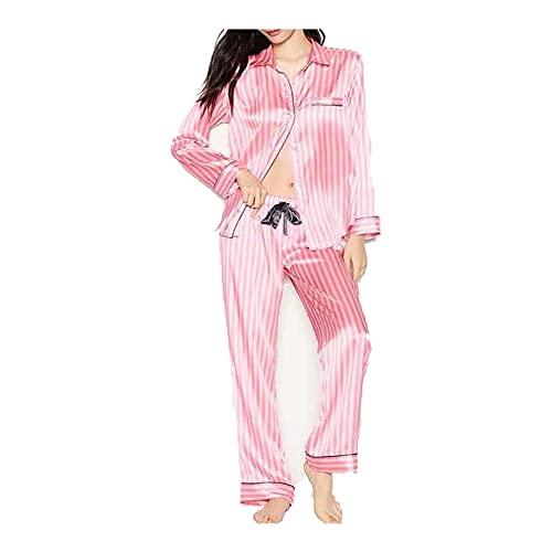 YUHOOE Satin Damen Schlafanzug Pyjamas, Langarm Nachtwäsche mit Knopfleiste Zweiteiliger Langarm Nachtwäsche Hausanzug Weich Sleepwear Lang Pyjama Set für Frauen,Rosa,S von YUHOOE