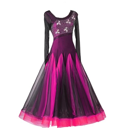 YUHRSTO Ballroom Dance Dress für Frauen Walzer Tango Foxtrott Flamenco Tanzkleider Langarm Tango Dancewear Spitze Modern Dancing Kostüm,Rose red,L von YUHRSTO