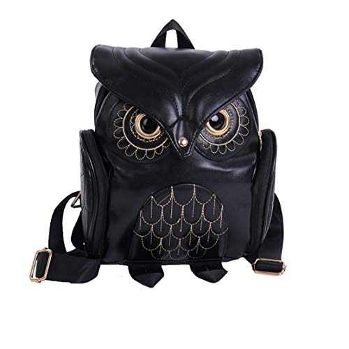 YUHUAWYH Damen PU Leder Rucksack Mädchen Freizeit Cartoon Eule Daypack Tasche (Schwarz) von YUHUAWYH