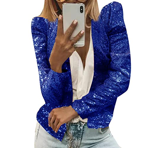 Damen Pailletten Cardigan Jacke Langarm Glitzer Bomberjacke Party Club Jacke Pailletten-Blazer Damen Elegant Tailliert Anzugjacke Glitzer Tops Kurz Oberteile Blazer Glitzer Outfits Clubwear (Blue, M) von YUHYtop