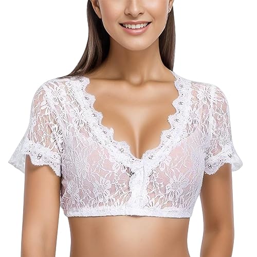 Dirndlbluse Damen Kurzarm Trachtenbluse Weiß Spitze Halbarm Elegante Bluse für Oktoberfest Kostüm (M-White, L) von YUHYtop
