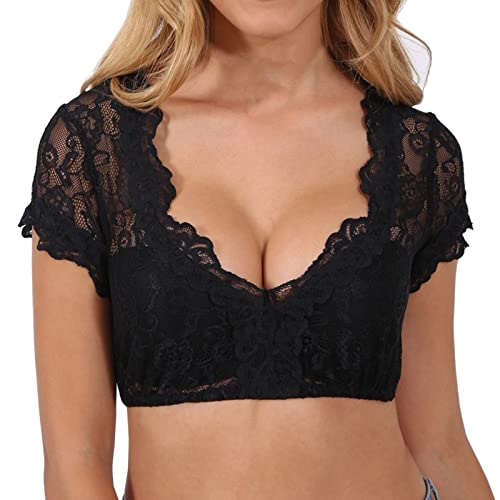 Dirndlbluse Damen Kurzarm Trachtenbluse Weiß Spitze Halbarm Elegante Bluse für Oktoberfest Kostüm (Z6-Black, XXL) von YUHYtop