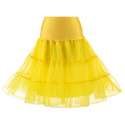 Karneval Kostüm Damen Tüllrock Petticoat Unterrock Reifrock Underskirt für 1950er Rockabilly Kleid Kurz Ballkleid Tanzkleid Damen Vintage A-Linie Tütü Röcke 80er Jahre Party Puffy (Z1-Yellow, L) von YUHYtop