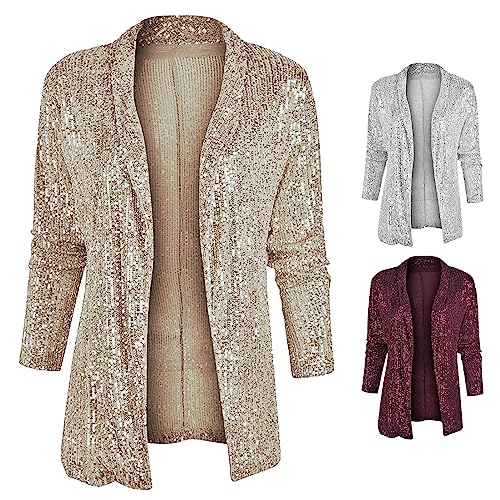 YUHYtop Damen Pailletten Cardigan Jacke Langarm Glitzer Bomberjacke Party Club Jacke Elegant Tailliert Anzugjacke Kurz Oberteile Blazer Outfits Clubwear von YUHYtop