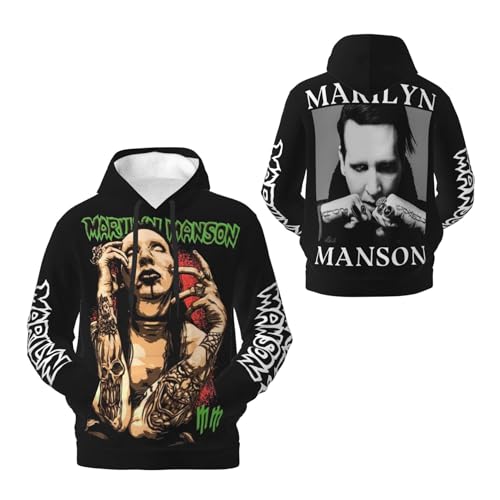 YUIPETI Herren Marilyn Hoodie Coole Logo Round Neck Manson Kapuzenpullover Langarm Lässig Schwarz Singer Kapuzen Sweatshirts Merch Clothes Tops für Männer Fans Geschenke von YUIPETI