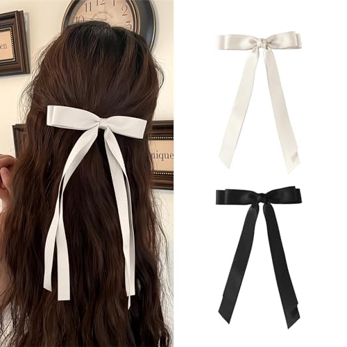 Haarschleife Schleife Haare Damen Mädchen Schwarz Milchig Weiß 2PCS Haarschleifen Solid Französisch Haarklammer Haarspange Schleife Frauen Hair Bow Clip(Schwarz und Milchig Weiß) von YUJINGTING