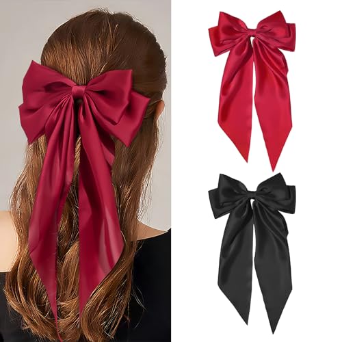 Haarschleife Schleife Haare Damen Mädchen Schwarz Weinrot 2PCS Groß Haarschleifen Solide Satin Haarklammer Haarspange Schleife Hair Bow Clip(Schwarz und Weinrot) von YUJINGTING