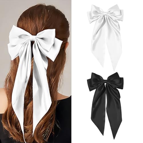 Haarschleife Schleife Haare Damen Mädchen Schwarz Weiß 2PCS Groß Haarschleifen Solide Satin Haarklammer Haarspange Schleife Hair Bow Clip(Schwarz und Weiß) von YUJINGTING