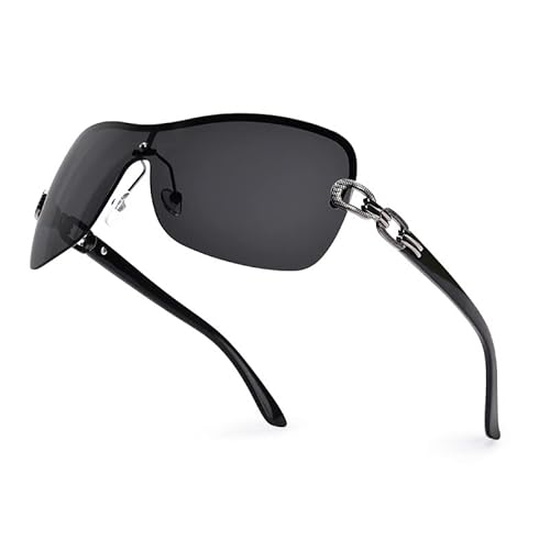 YUKANG y2k Sonnenbrille für Herren Damen, Vintage Randlose Brille für Damen, y2k Wrap Around Sonnenbrille Mit UV400 Schwarz von YUKANG