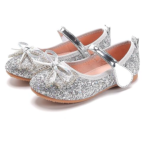 YUKQEYLE Mädchen Mary Jane Flache Schuhe Glitzer Prinzessin Schuhe Kinder Ballett Schuhe Glänzende Hochzeit Kleid Schuhe Party Geburtstag (33 EU-B-Silber) von YUKQEYLE