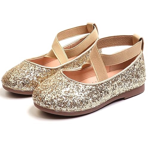 YUKQEYLE Mädchen Flache Ballerinas Schuhe Glitzer Kinder Brautkleid Schuhe Mary Jane Prinzessin Sparkle Schuhe Halbschuhe Kristall Hochzeit Partei(28 EU-05-Gelb) von YUKQEYLE