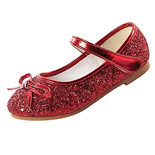 YUKQEYLE Mädchen Tanzschuhe Mary Jane Prinzessin Schuhe Flacher Boden Kinder Glitzer Schuhe Ballerinas Kristall Sandalen Hochzeit Schule Sandalen Partei(26EU-Rot) von YUKQEYLE