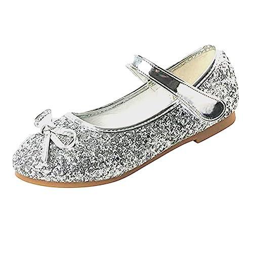 YUKQEYLE Mädchen Tanzschuhe Mary Jane Prinzessin Schuhe Flacher Boden Kinder Glitzer Schuhe Ballerinas Kristall Sandalen Hochzeit Schule Sandalen Partei(26EU-Silber) von YUKQEYLE