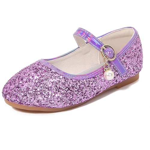 YUKQEYLE Prinzessinen Schuhe Glitzer Mädchen Schuhe Ballerinas Mädchen Kinder Glitzer Ballerinas Mary Jane Flache Schuhe Kristall Sandalen Hochzeit Partei(26 EU-219-Violett) von YUKQEYLE