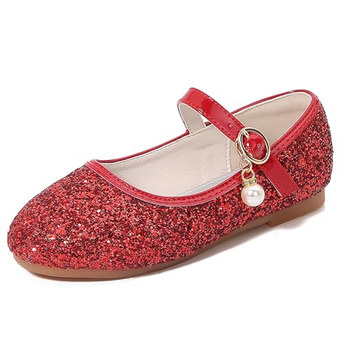 YUKQEYLE Prinzessinen Schuhe Glitzer Mädchen Schuhe Ballerinas Mädchen Kinder Glitzer Ballerinas Mary Jane Flache Schuhe Kristall Sandalen Hochzeit Partei(32 EU-219-Rot) von YUKQEYLE