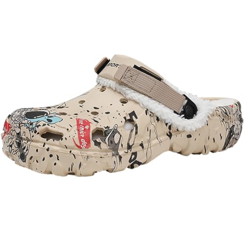 Damen Herren Hausschuhe Winter Warme Clogs wasserdichte Gartenclogs Plüsch Pantoletten rutschfeste Leicht Gartenschuhe für Indoor & Outdoor khiki 43 von YUKTOPA
