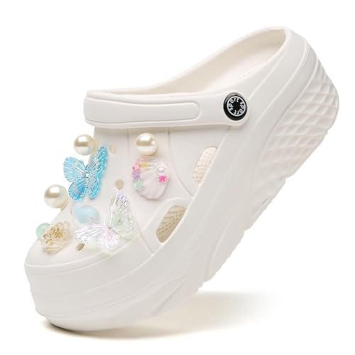 Damen Plattform Clogs Hausschuhe Leicht Pantoletten Atmungsaktiv Strand Sandalen rutschfest Gartenschuhe Abnehmbar Wunderschön Charms Weiß39 Damen Plattform Clogs Hausschuhe Leicht Pantoletten Atmungsaktiv Strand Sandalen rutschfest Gartenschuhe Abnehmbar Wunderschön Charms Weiß39 von YUKTOPA
