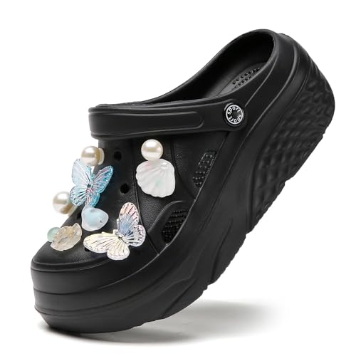 Damen Plattform Clogs Hausschuhe Leicht Pantoletten Atmungsaktiv Strand Sandalen rutschfest Gartenschuhe Abnehmbar Wunderschön Charms schwarz37 von YUKTOPA