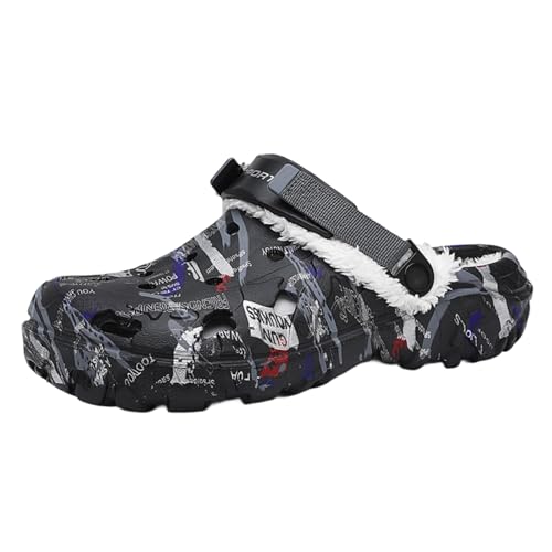 Herren Winter Clogs Gefüttert Warme rutschfeste Hausschuhe mit Wasserdichtem Obermaterial Weiche Flache Pantoffeln Leichte Gartenclogs Outdoor Winterschuhe Black 46 von YUKTOPA