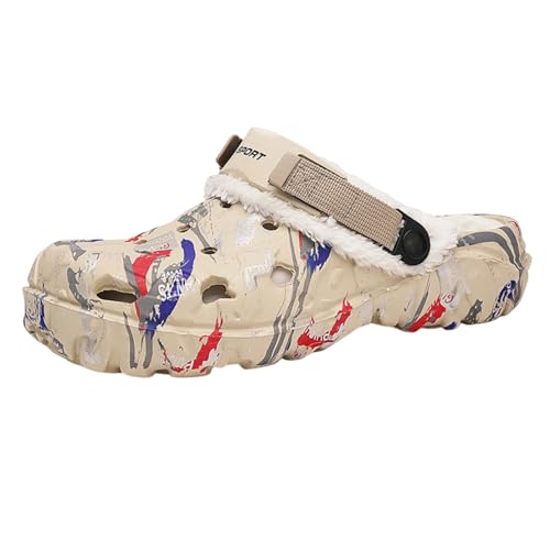 Herren Winter Clogs Gefüttert Warme rutschfeste Hausschuhe mit Wasserdichtem Obermaterial Weiche Flache Pantoffeln Leichte Gartenclogs Outdoor Winterschuhe Khiki 41 von YUKTOPA