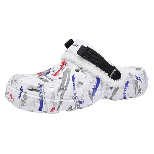 Herren Winter Clogs Gefüttert Warme rutschfeste Hausschuhe mit Wasserdichtem Obermaterial Weiche Flache Pantoffeln Leichte Gartenclogs Outdoor Winterschuhe White 44 von YUKTOPA