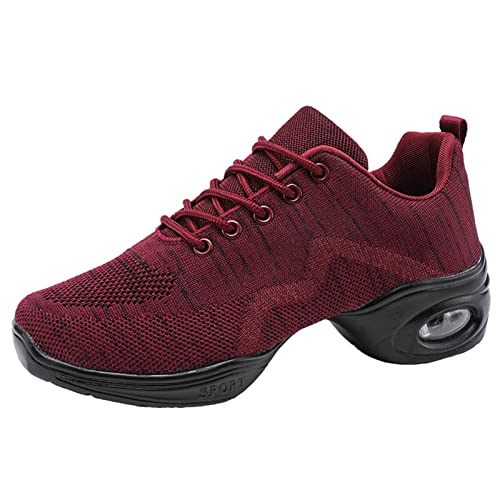 Jazzschuhe Damen Modern Tanzschuhe Geteilte Sohle Tanz Sneaker Atmungsaktiv Leicht Mesh Lace Up Sportschuhe Rot Gr.38 von YUKTOPA