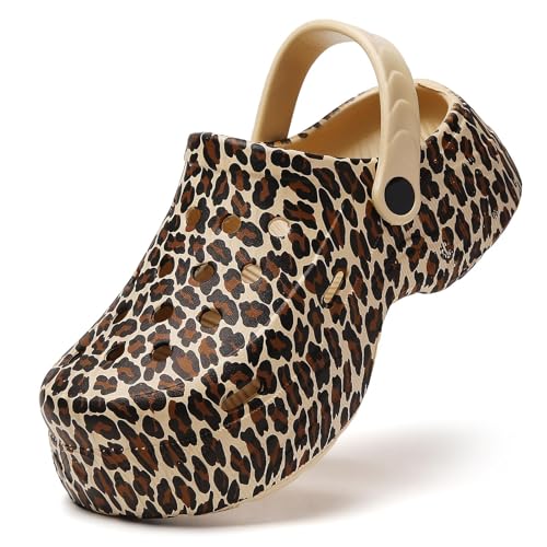 YUKTOPA Damen Platform Clogs – Leichte rutschfeste Gartenschuhe mit Verstellbarem Riemen, Atmungsaktive Wasserschuhe für Garten, Strand, Pool und Sommer Freizeit Beige Leopard EU39 von YUKTOPA