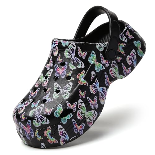 YUKTOPA Damen Platform Clogs – Leichte rutschfeste Gartenschuhe mit Verstellbarem Riemen, Atmungsaktive Wasserschuhe für Garten, Strand, Pool und Sommer Freizeit Schwarz Butterfly EU41 von YUKTOPA