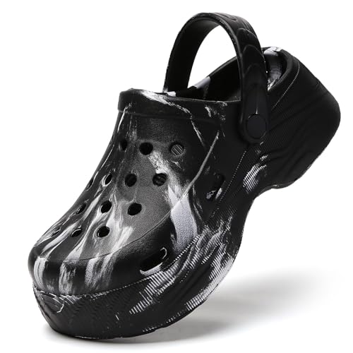 YUKTOPA Damen Platform Clogs – Leichte rutschfeste Gartenschuhe mit Verstellbarem Riemen, Atmungsaktive Wasserschuhe für Garten, Strand, Pool und Sommer Freizeit Schwarz Camo EU39 von YUKTOPA