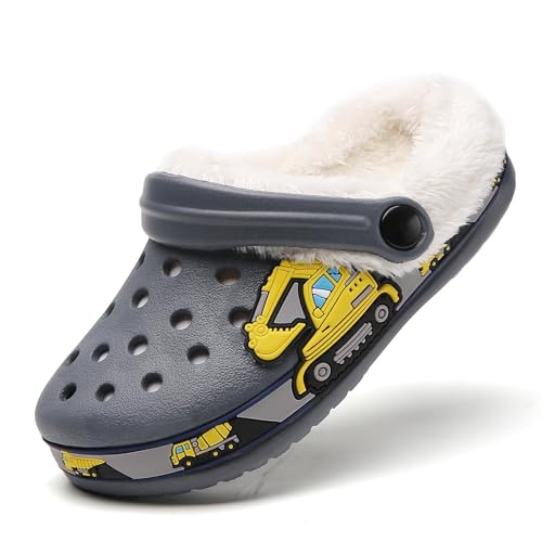 YUKTOPA Kinder Gefütterte Clogs Pantoletten Jungen Winter Warme Plüsch Pantoffeln Hausschuhe Mädchen Leicht Weich rutschfeste Gartenschuhe Bagger Slipper Grau33 von YUKTOPA