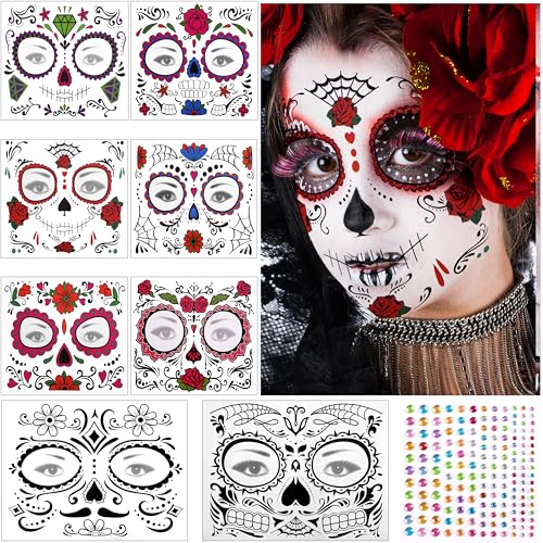 Halloween Tattoo Gesicht Schminke Erwachsene, Halloween Gesichtstattoo Totenkopf Tattoos Aufkleber Vampir Kostüm Damen Accessoires Halloween Make Up Zombie Temporäre Tattoos Dia De Los Muertos Tattoo von YULARA
