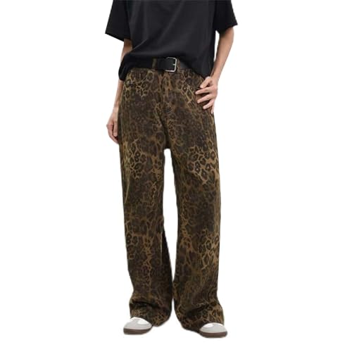 Baggy Jeans Damen Hellbraune Leoparden Jeans Wide Leg Pants Mittlere Taille Leopard Jeanshose Y2k Hip Hop Boyfriend Locker Streetwear Leopardenstil Jeans Leopardenhose mit Taschen von YULONGESS