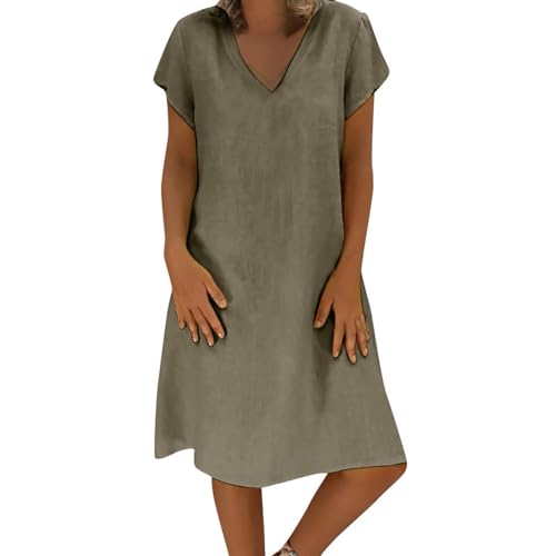 Damen Kleid, Baumwoll Leinen Kleider, Vintage Einfarbig Sommerkleid, Boho Strandkleider, Große Größen Freizeitkleid, V-Ausschnitt Midikleid, Kurzarm A-Linie Sommerkleider, Tankkleid von YULONGESS