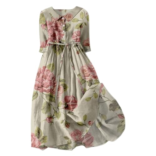 Damen Kleider Elegant V-Ausschnitt 3/4 Arm Leinenkleid Bohemian Blumen Sommerkleider A-Linie Strandkleid Casual Midi Kleid mit Taschen Lose Freizeitkleid Knielang Blumenkleid von YULONGESS