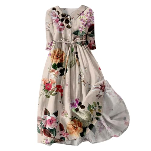 Damen Kleider Elegant V-Ausschnitt 3/4 Arm Leinenkleid Bohemian Blumen Sommerkleider A-Linie Strandkleid Casual Midi Kleid mit Taschen Lose Freizeitkleid Knielang Blumenkleid von YULONGESS