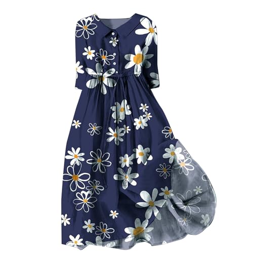 Damen Kleider Elegant V-Ausschnitt 3/4 Arm Leinenkleid Bohemian Blumen Sommerkleider A-Linie Strandkleid Casual Midi Kleid mit Taschen Lose Freizeitkleid Knielang Blumenkleid von YULONGESS