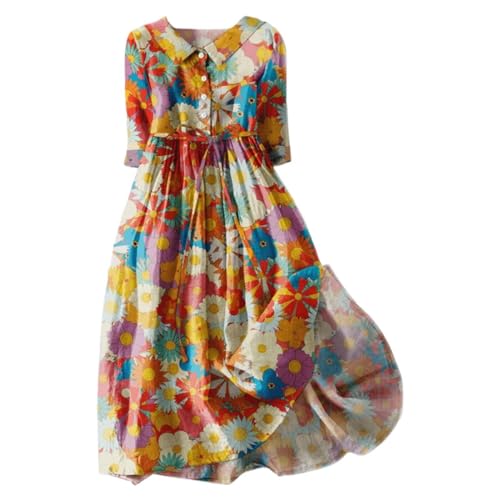 Damen Kleider Elegant V-Ausschnitt 3/4 Arm Leinenkleid Bohemian Blumen Sommerkleider A-Linie Strandkleid Casual Midi Kleid mit Taschen Lose Freizeitkleid Knielang Blumenkleid von YULONGESS