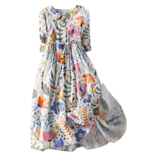 Damen Kleider Elegant V-Ausschnitt 3/4 Arm Leinenkleid Bohemian Blumen Sommerkleider A-Linie Strandkleid Casual Midi Kleid mit Taschen Lose Freizeitkleid Knielang Blumenkleid von YULONGESS