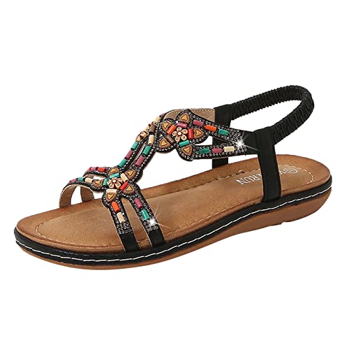 Flache Sandalen Damen Sommer Boho Strasssteine Glitzer T-Riemen Strandsandalen Freizeit Bequeme Zehentrenner mit Weiche Fußbett Mode Strand Offene Zehe Sandaletten Flip Flops Elegant Sommerschuhe… von YULONGESS